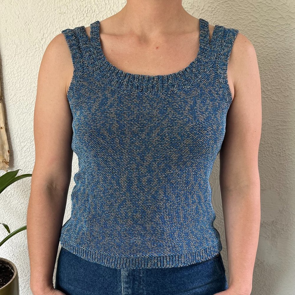 Tse Womens Tank Top Ribbed Knit Sleeveless Pullover Stretch Blue/Gray Size S